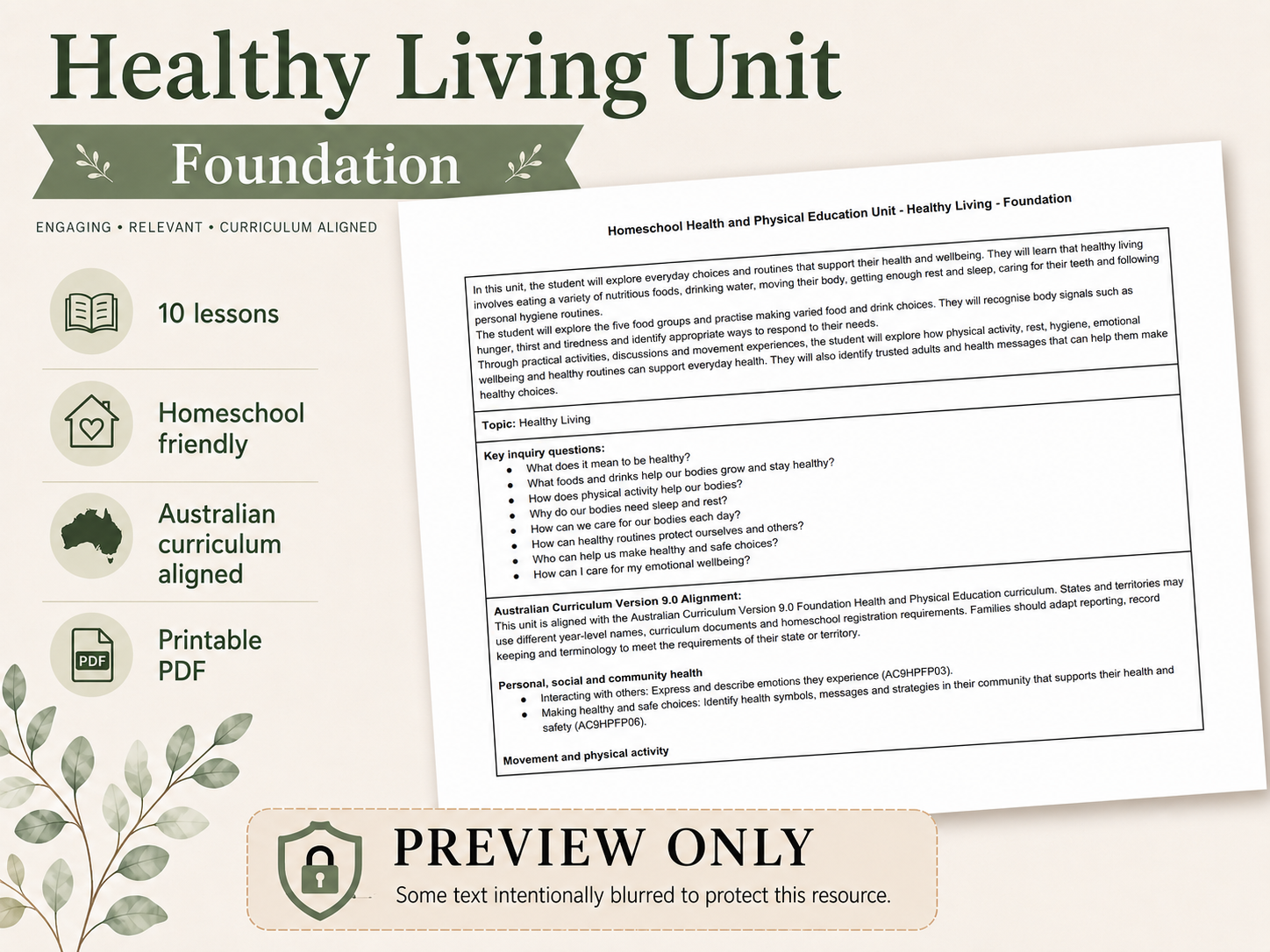 PDHPE Foundation Healthy Living Homeschool Unit