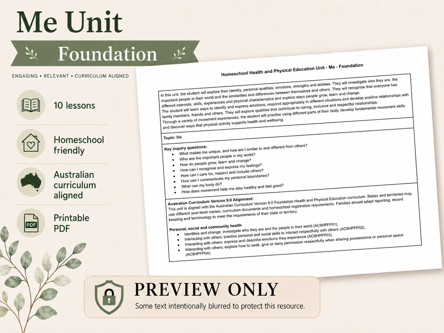 PDHPE Foundation Me Homeschool Unit PDF