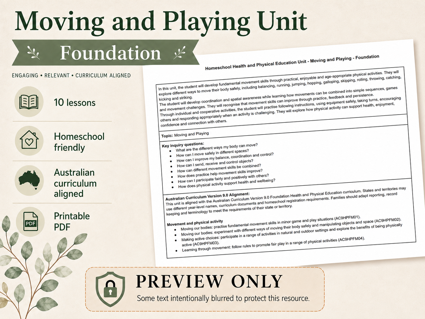 PDHPE Foundation Moving and Playing Homeschool Unit PDF