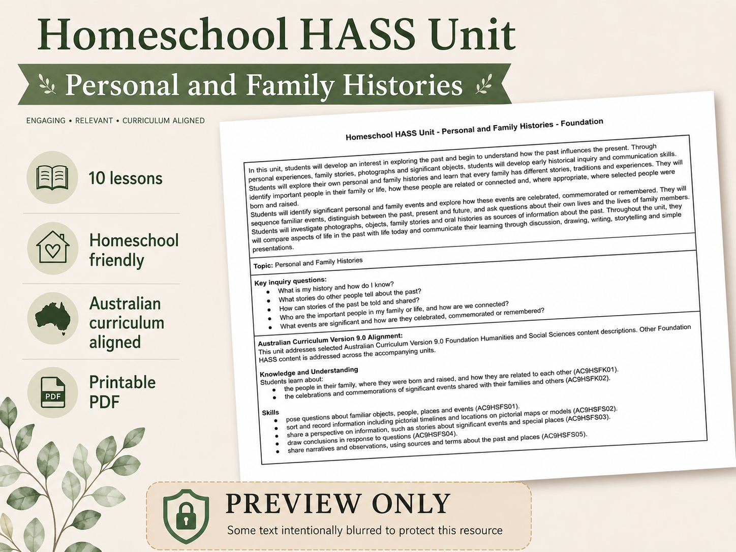 HSIE Foundation Personal and Family Histories Homeschool Unit PDF